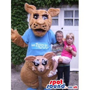 Brown Kangaroo Animal Plush Mascot Wearing A Blue T-Shirt -