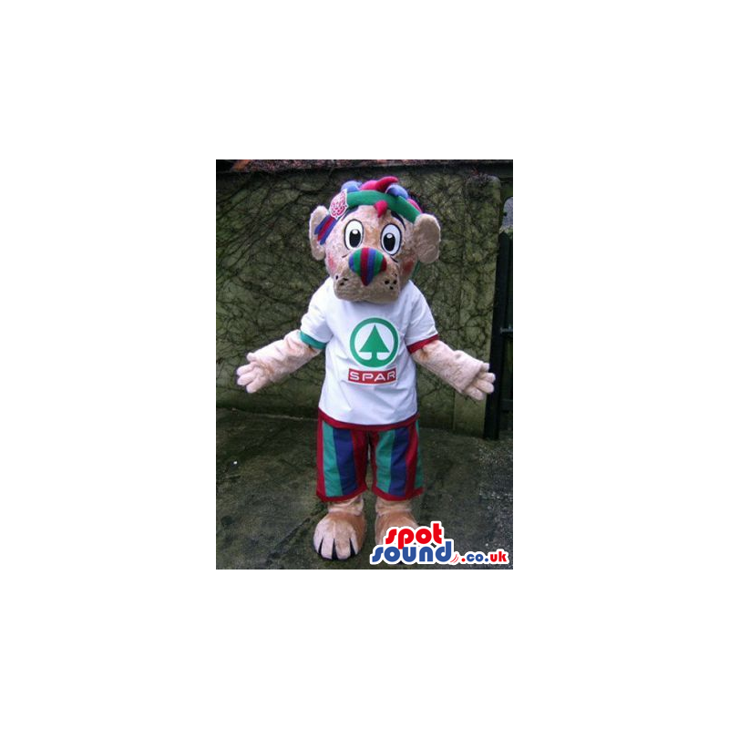 Brown Bear Mascot With Striped Nose Wearing A T-Shirt - Custom
