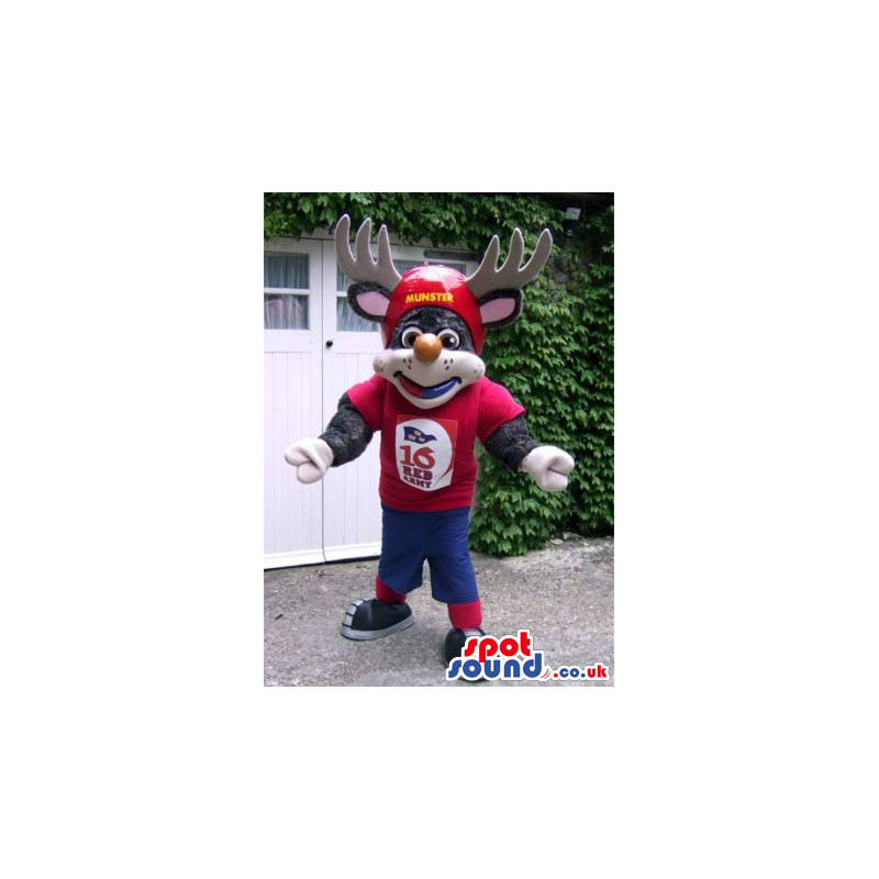 Grey Reindeer Animal Mascot Wearing Red And Blue Sports Clothes