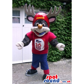 Grey Reindeer Animal Mascot Wearing Red And Blue Sports Clothes