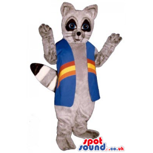 Brown Raccoon Animal Plush Mascot Wearing A Blue Long Vest -