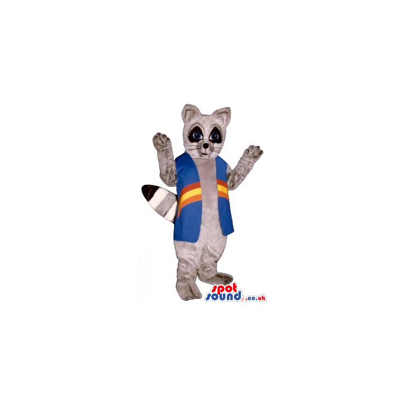 Brown Raccoon Animal Plush Mascot Wearing A Blue Long Vest -