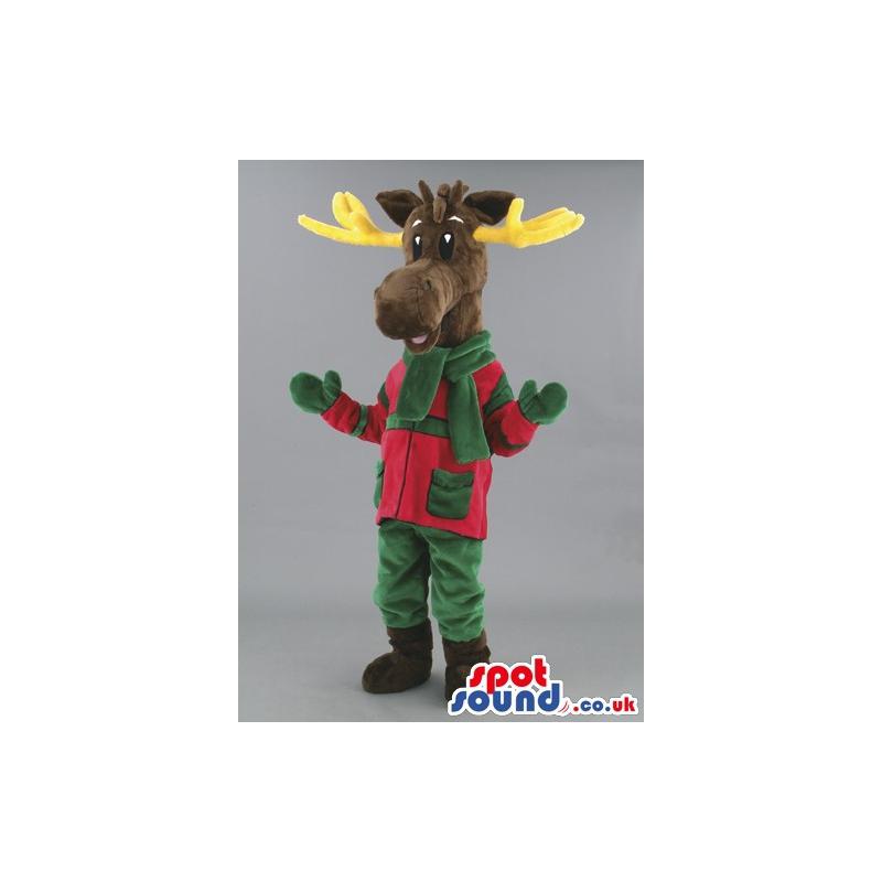 Deer mascot in brown and with green gloves and brown socks -
