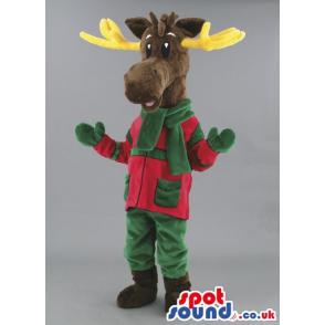 Deer mascot in brown and with green gloves and brown socks -