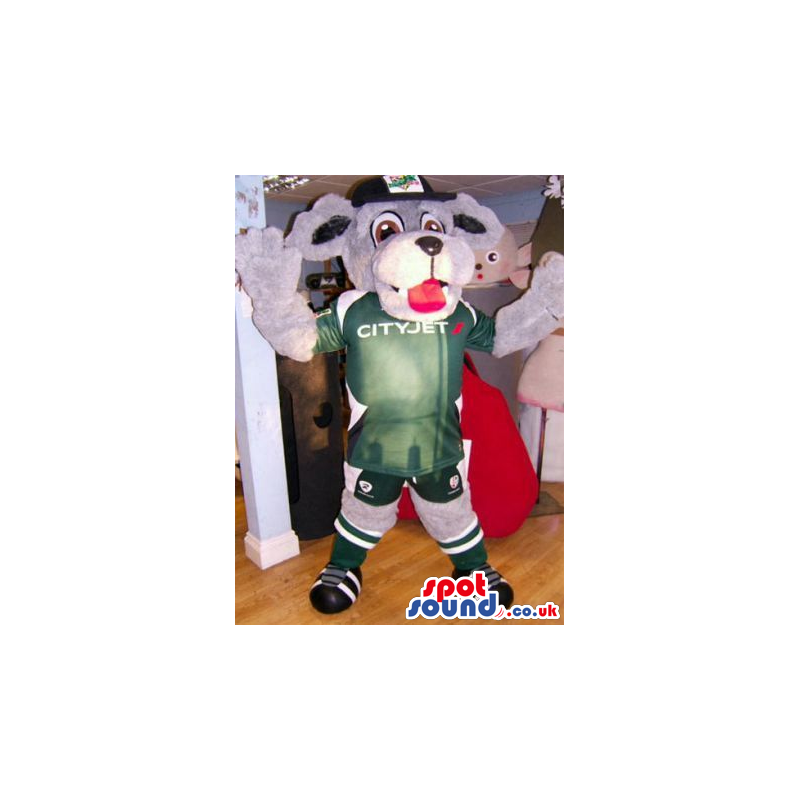 Grey Dog Pet Animal Mascot Wearing Sports Soccer Clothes -