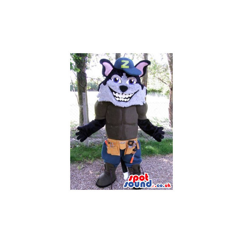 Wolf Animal Mascot Wearing A Letter Cap And Shorts With Tools -