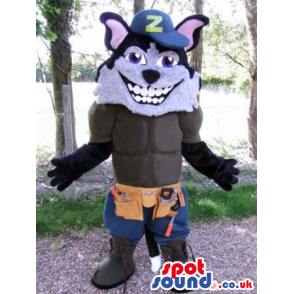Wolf Animal Mascot Wearing A Letter Cap And Shorts With Tools -