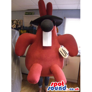 All Red Mole Animal Mascot With Huge Teeth Wearing A Black Hat