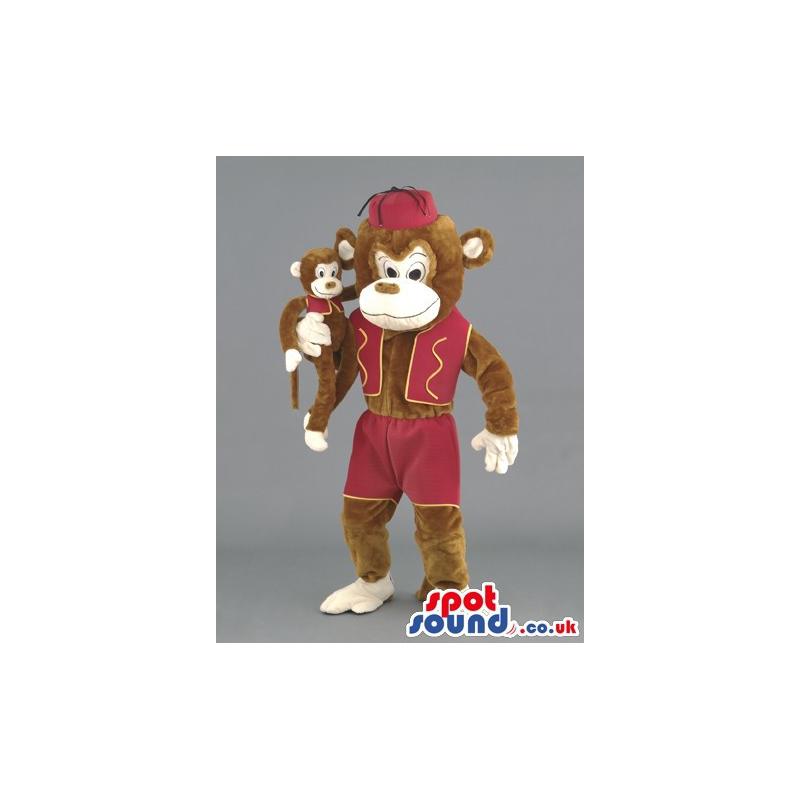 Brown monkey mascot with a maroon cap with the baby monkey -