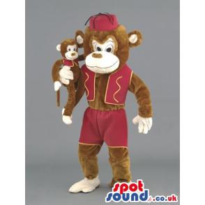 Brown monkey mascot with a maroon cap with the baby monkey -