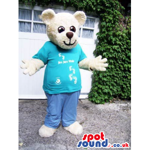 White Teddy Bear Animal Mascot Wearing A Blue T-Shirt - Custom