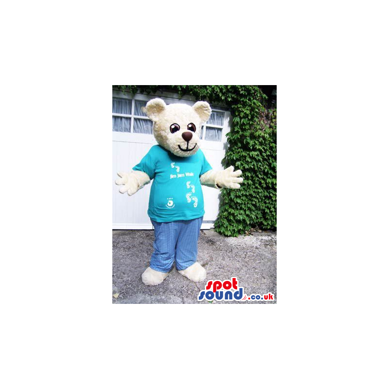 White Teddy Bear Animal Mascot Wearing A Blue T-Shirt - Custom