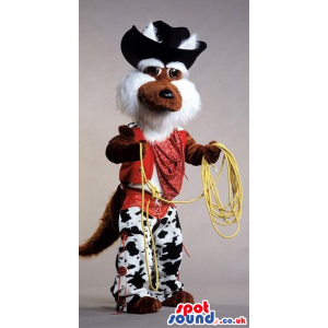 Brown And White Coyote Plush Mascot Wearing Cowboy Clothes -