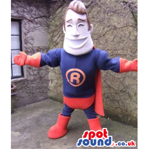 Human Superhero Mascot Wearing A Red Cape And Letter R - Custom
