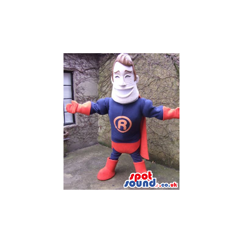 Human Superhero Mascot Wearing A Red Cape And Letter R - Custom