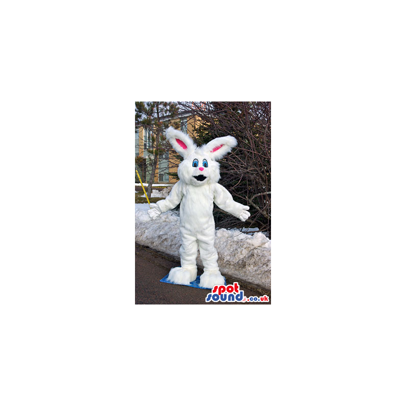 White Hairy Rabbit Bunny Animal Mascot With Pink Ears - Custom