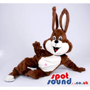 Brown and white rabbit mascot lying on floor saying hi