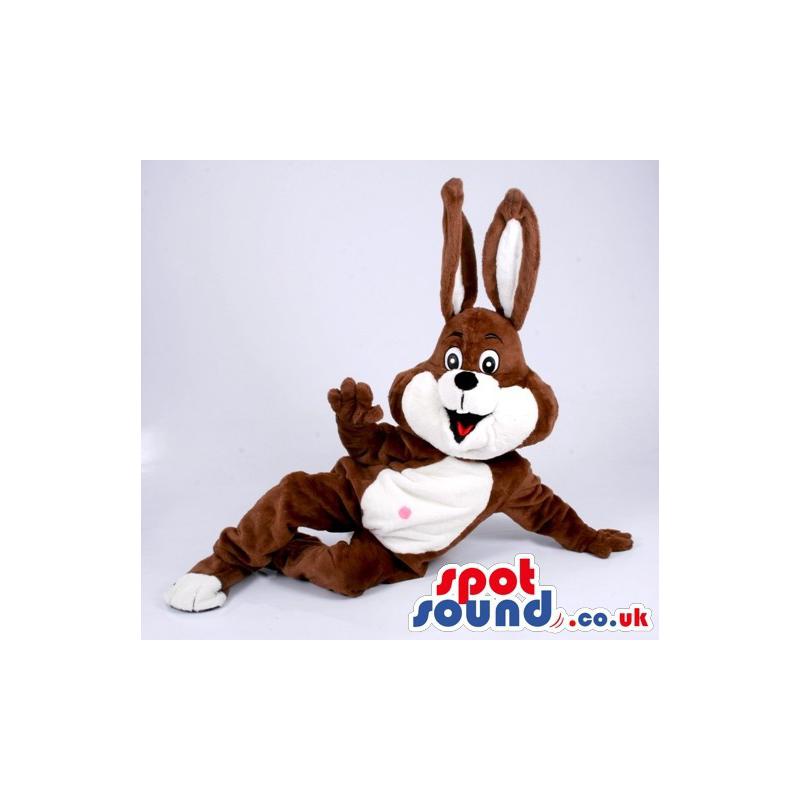 Brown and white rabbit mascot lying on floor saying hi - Custom