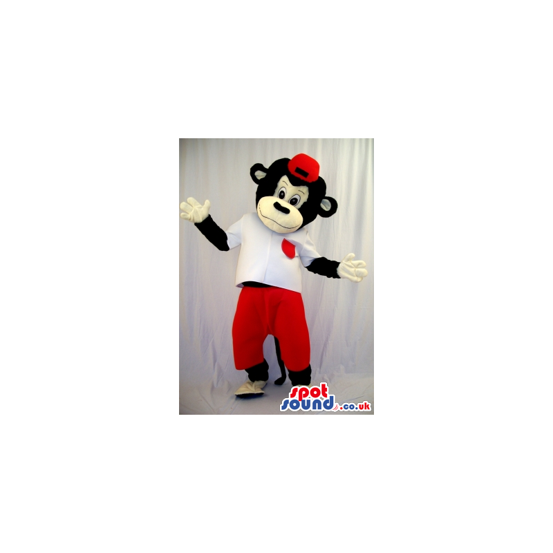 Black Monkey Plush Mascot Wearing A Red Cap And Pants - Custom
