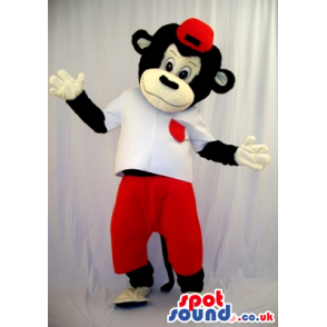 Black Monkey Plush Mascot Wearing A Red Cap And Pants - Custom