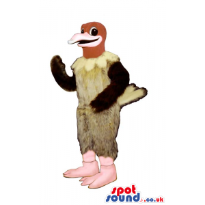 Funny Beige Hairy Bird Mascot With Red Head And Pink Legs -
