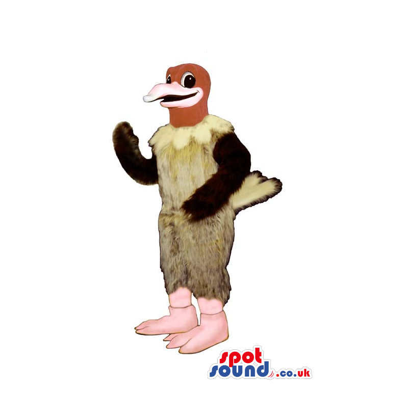 Funny Beige Hairy Bird Mascot With Red Head And Pink Legs -