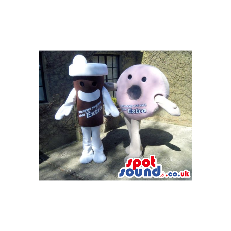 Two Food Mascots Pink Doughnut And Take-Away Drink - Custom