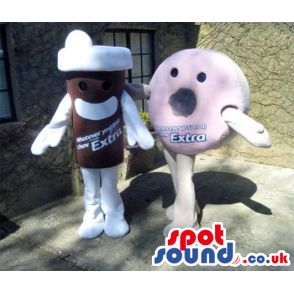 Two Food Mascots Pink Doughnut And Take-Away Drink - Custom