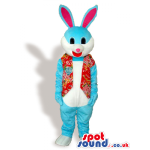 Blue Rabbit Animal Plush Mascot Wearing A Red Vest - Custom