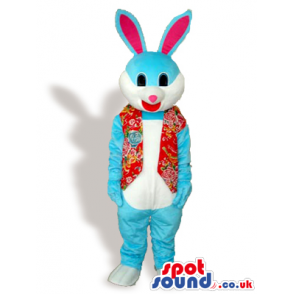 Blue Rabbit Animal Plush Mascot Wearing A Red Vest - Custom