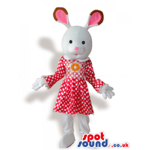 White Rabbit Girl Plush Mascot Wearing A Red Dress With Dots -