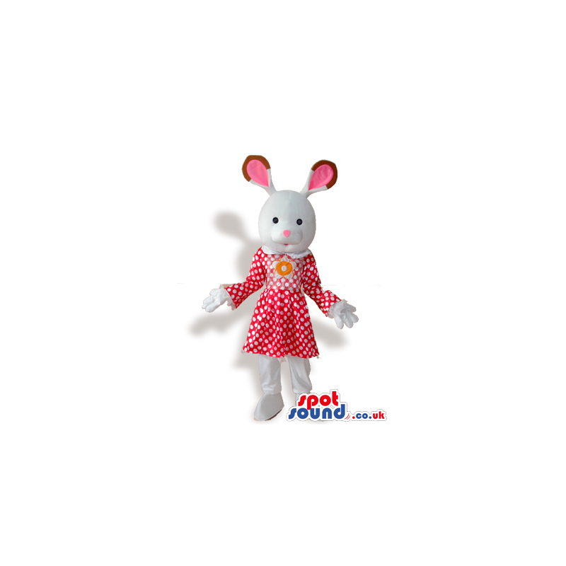 White Rabbit Girl Plush Mascot Wearing A Red Dress With Dots -