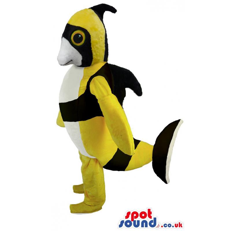 Fish mascot in black and yellow colour giving a upright pose -