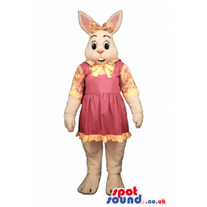 White Rabbit Girl Plush Mascot Wearing A Pink Dress - Custom