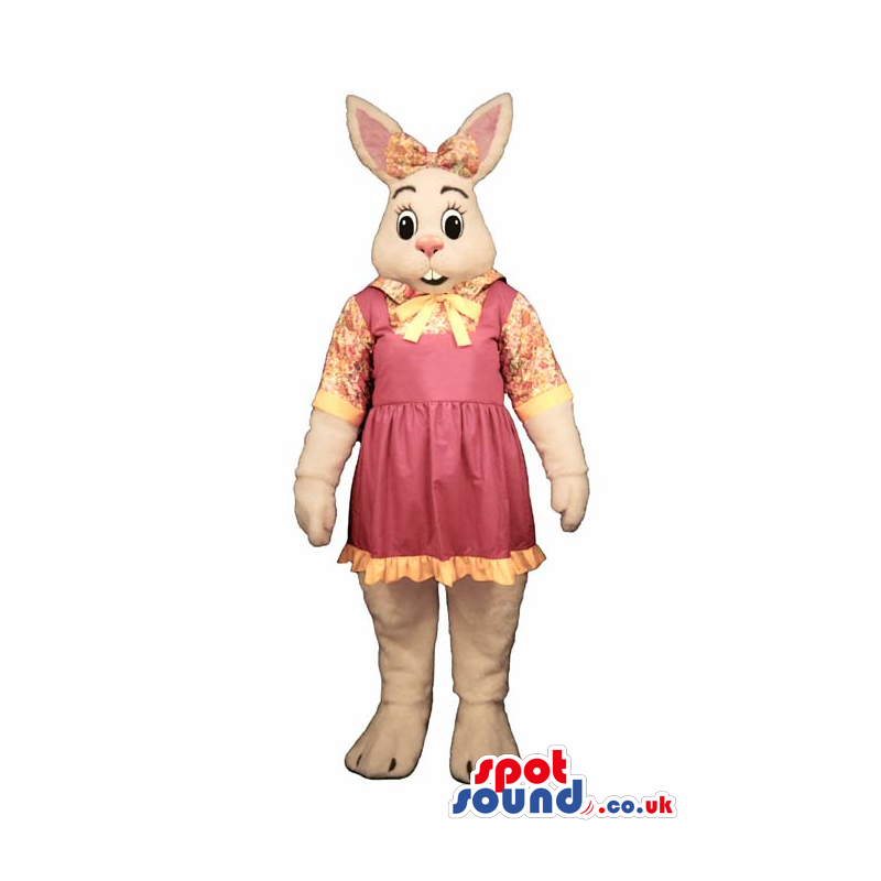 White Rabbit Girl Plush Mascot Wearing A Pink Dress - Custom