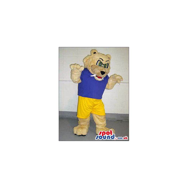 Beige Angry Bear Mascot Wearing A Blue T-Shirt And Yellow