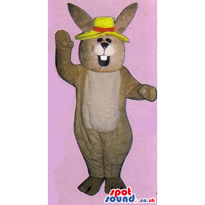 Light Brown Rabbit Plush Mascot Wearing A Yellow Hat - Custom