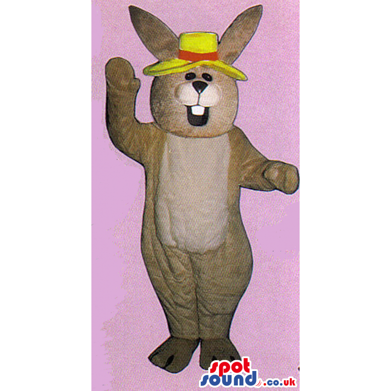 Light Brown Rabbit Plush Mascot Wearing A Yellow Hat - Custom