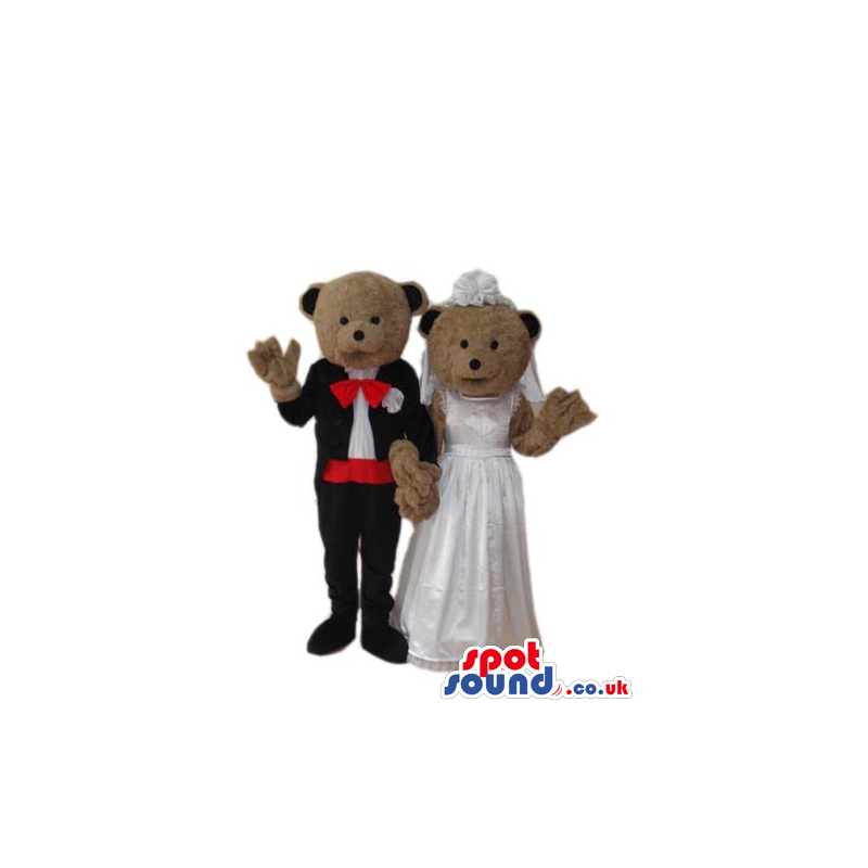 Brown Teddy Bear Couple Plush Mascot Wearing Wedding Garments -