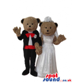 Brown Teddy Bear Couple Plush Mascot Wearing Wedding Garments -