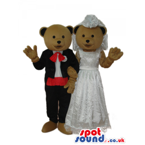 Brown Teddy Bear Couple Plush Mascot Wearing Wedding Garments -