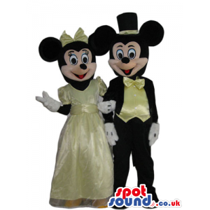 Mickey And Minnie Mouse Mascots With Elegant Yellow Clothes -