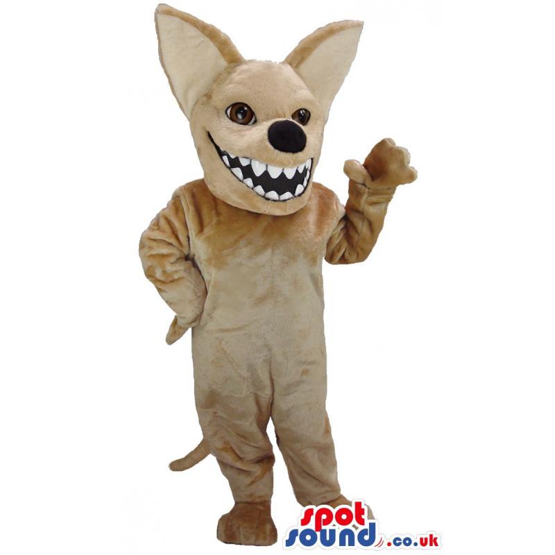 Cunning fox mascot in brown and waving his hand to us - Custom
