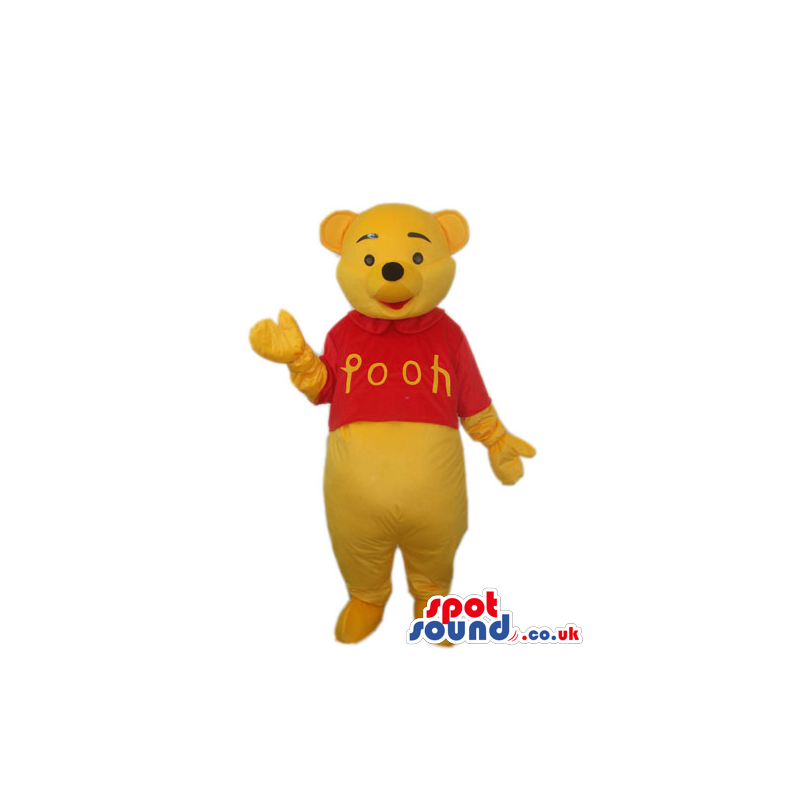 Winnie It Pooh Yellow Bear Mascot Wearing A Red Pooh T-Shirt -