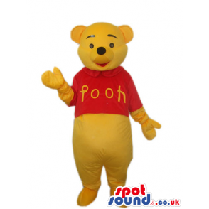 Winnie It Pooh Yellow Bear Mascot Wearing A Red Pooh T-Shirt -