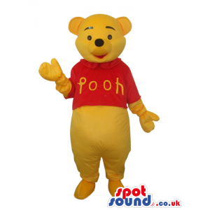 Winnie It Pooh Yellow Bear Mascot Wearing A Red Pooh T-Shirt -