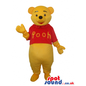 Winnie It Pooh Yellow Bear Mascot Wearing A Red Pooh T-Shirt -