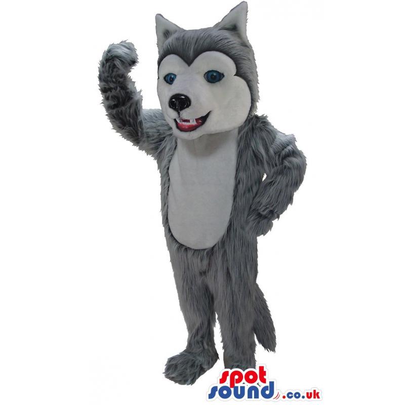 Fox mascot with blue eyes waving his hand and smiling - Custom