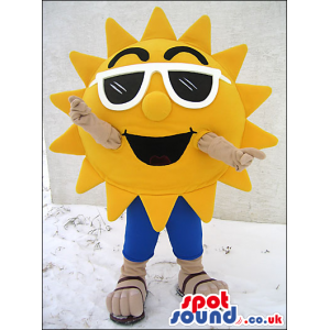 Yellow Bright Sun Plush Mascot Wearing White Sunglasses -