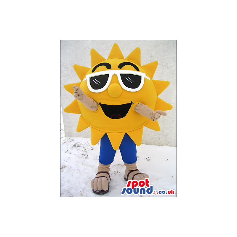 Yellow Bright Sun Plush Mascot Wearing White Sunglasses -